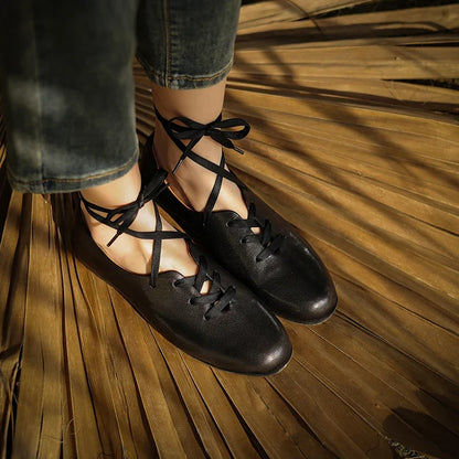 Women Basic Flats Real Leather Comfort Flats Round Toe Woman Lace-Up Daily Flats British Style Cowhide Retro Oxfords