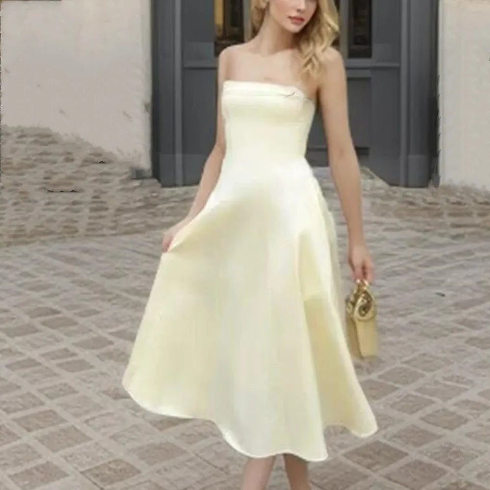 Sexy Solid color Slash Collar Corset Style Sling Dress Women Slim Waist A-Lined Swing Midi Long Dresses Summer Robe
