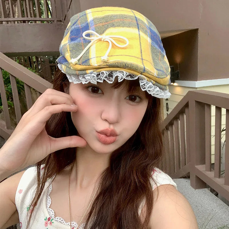 Y2K Cute Bow Lace Berets Cap for Women Spring Summer Sweet and Cool Versatile Dopamine Contrasting Color Plaid Forward Hats