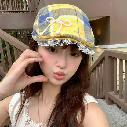 Y2K Cute Bow Lace Berets Cap for Women Spring Summer Sweet and Cool Versatile Dopamine Contrasting Color Plaid Forward Hats