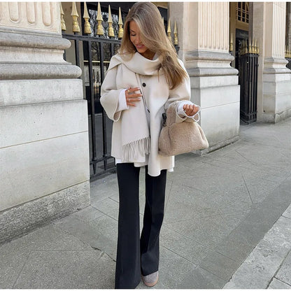 Elegant Single Breasted Towel Collar Jacket Women 2025 Fashion White Coat Loose Fit Office Lady Autumn Casual Commute Outerwear