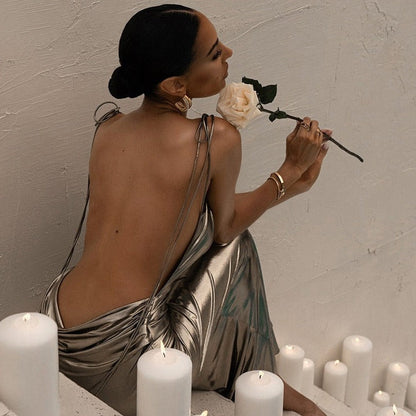 Spaghetti Strap Draped Open Back Liquid Metallic Floor Length Maxi Dress