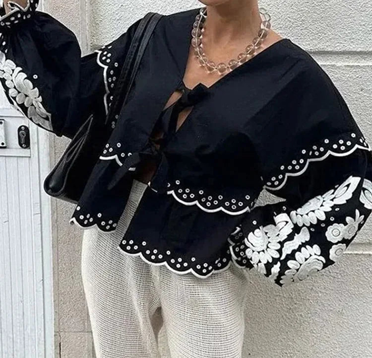 Women's New Fashionable Casual V-neck Lace Up Lantern Sleeve Shirt Embroidered Print