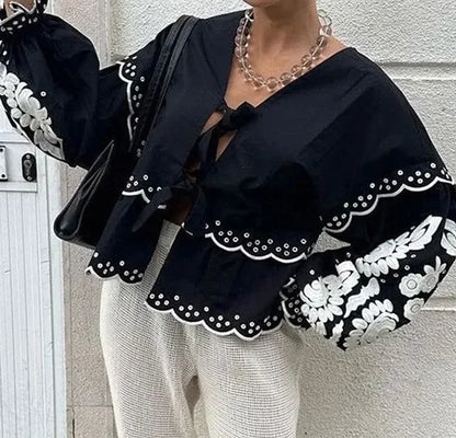 Women's New Fashionable Casual V-neck Lace Up Lantern Sleeve Shirt Embroidered Print