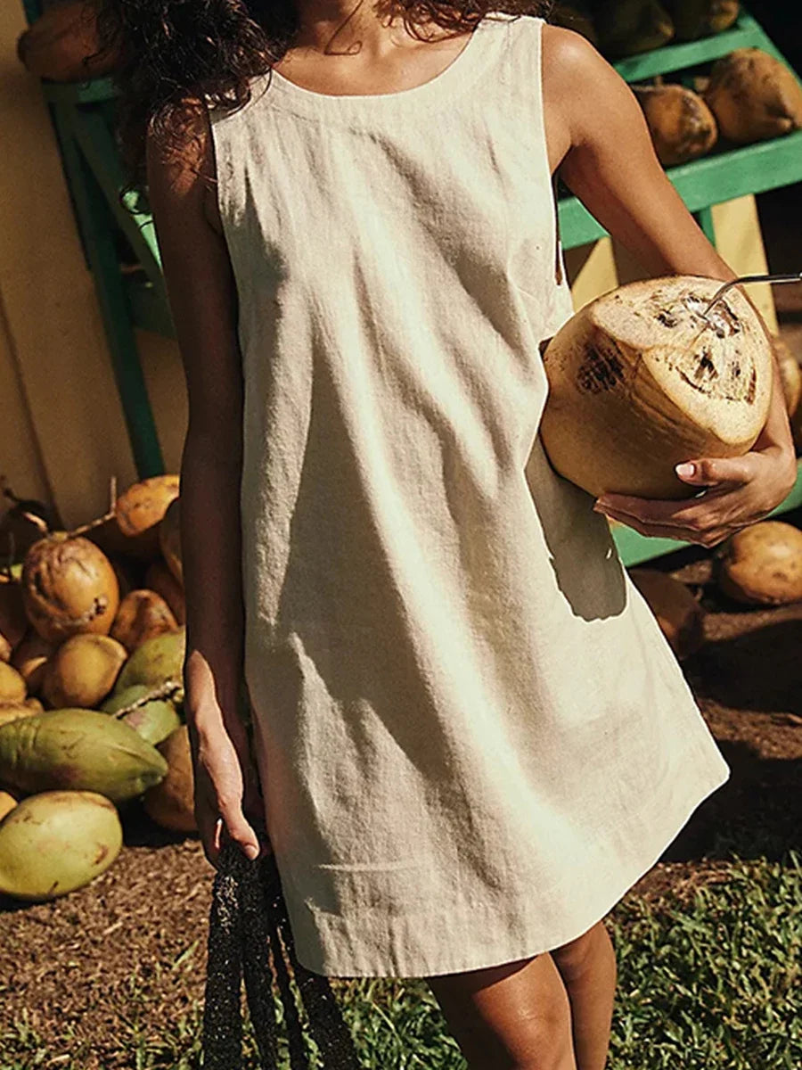 Solid Color Backless Mini Dress Women Crew Neck Sleeveless Simple Short Vestidos Summer Chic Casual Elegant A-line Dresses New