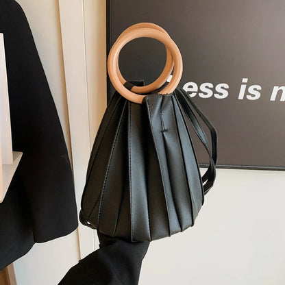 Retro Round Wood Handle Tote Clutch Bag For Women Designer Pleated Striped Bucket Handbag Pu Leather Shoulder Crossbody Bags