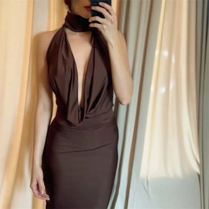 women's sexy hollow out swinging neck backless princess style slim fit bag hip slit hanging neck dress