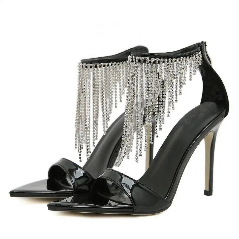 Buckle Strap Large Size 2024 Sandals Black Shoes for Women High Heels Open Toe Big New Party Beige High-heeled Rhinestone Peep C