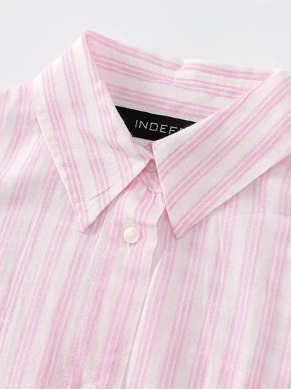 Summer Pink Striped Suits For Women 2024 New Single Breasted Long Sleeve Simple Shirt+Shorts Sets Casual Fashion Two-piece Set