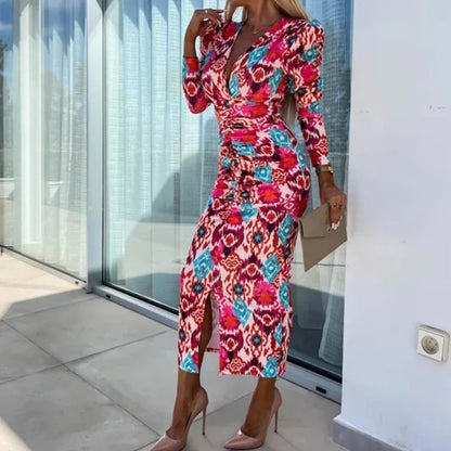 Women Sexy Floral Print Bohemian Long Dress Spring Deep V-neck Slim Bodycon Party Dress Autumn Puff Sleeve Front Slit Maxi Dress