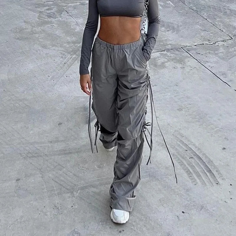 Spring Summer New Women Pleated Cut Out Drawstring Cargo Pants Street Chic Hip-hop High Waist Casual Trendy baggey Trousers