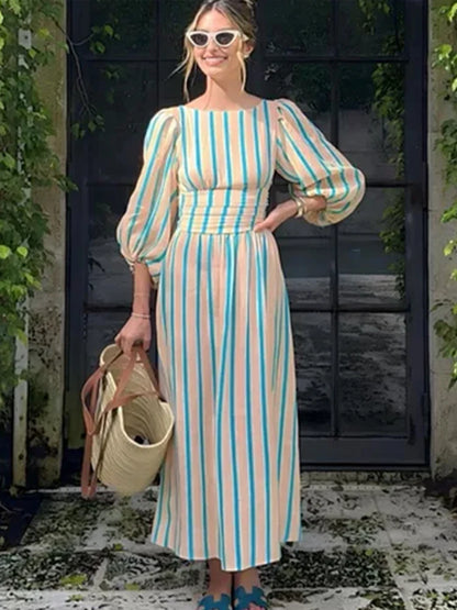 Casual Stripes Long Dresses Women Loose Backless Lace Up Long Lantern Sleeve Dress Female Summer Fashion Streetwear Lady