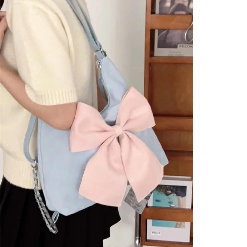 Pink Bow Womens Shoulder Bag Korean Style Fashion Large Capacity Sweet Backpack Cute Exquisite Elegant New Female Tote Bag