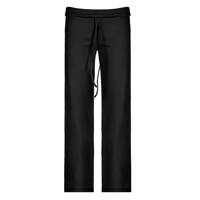 Drawstring Solid Women Slacks Turndown Waist Straight Casual Pants Concise Knitted Sweatpants All-matched Trousers Home