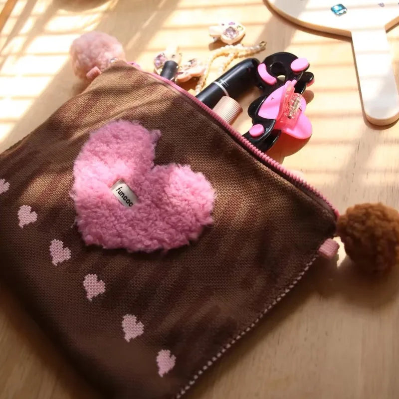Plush Heart Kawaii Square Makeup Bag Zipper Large Capacity Chic Storage Bag Korean Casual Travel Cosmetic Bag Women's Clutch Bag