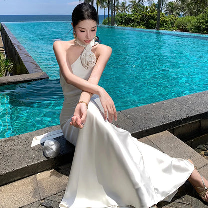 French Summer Beige Temperament Sexy Club Backless Halter Long Dress Rose Vintage Sleeveless Off Shoulder Elegant Party Dresses