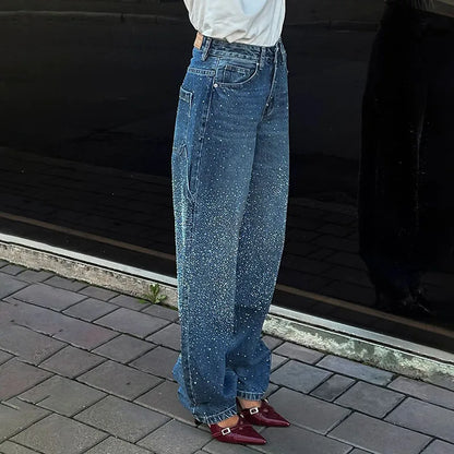 Chic Rhinestone Straight Denim Pants Women Vintage Loose High Waist Cowboy Long Pant Female New Design Spring Chic Streetwear