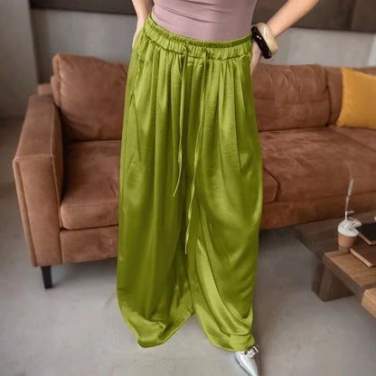 Women's Fashion Satin Pants Solid Vintage Lace Up Patchwork Loose Trouser Summer Elegant Casual Commute Female Trousers