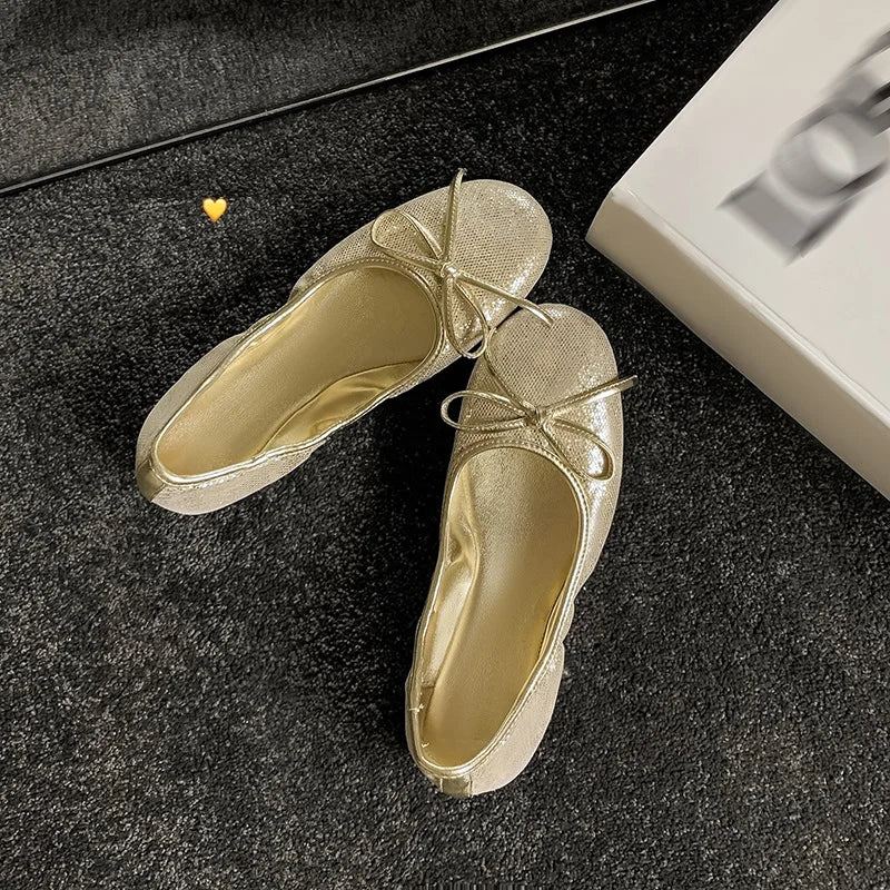 Woman Flats Satin Basic Style Round Toe Ballet Shoes Slip On Woman Soft Flats Spring Autumn Daily Bowtie Loafers