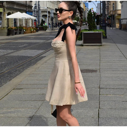 Elegant Bow Sling Mini Dress Women Sleeveless Backless High Waist Contrast A-line Party Dresses 2024 Summer New Chic Lady Robe
