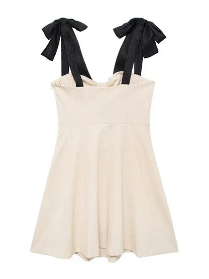 Elegant Bow Sling Mini Dress Women Sleeveless Backless High Waist Contrast A-line Party Dresses 2024 Summer New Chic Lady Robe