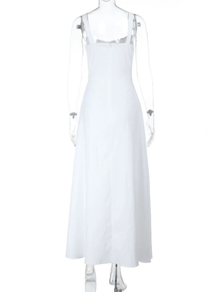 Women's Elegant White Lace-up Square Neck Spaghetti Strap Sleeveless Hollow Waist Slim A Line Long Vacation Summer Dress