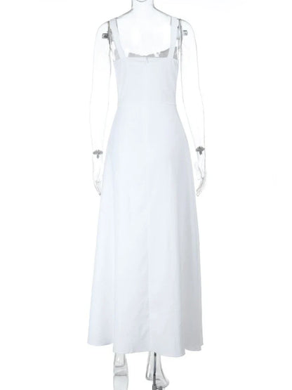 Women's Elegant White Lace-up Square Neck Spaghetti Strap Sleeveless Hollow Waist Slim A Line Long Vacation Summer Dress