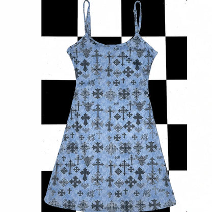 Summer Short Skirt European and American Style New Millennium Spicy Girl Pure Desire Retro Cross Blue Strap Dress for Women