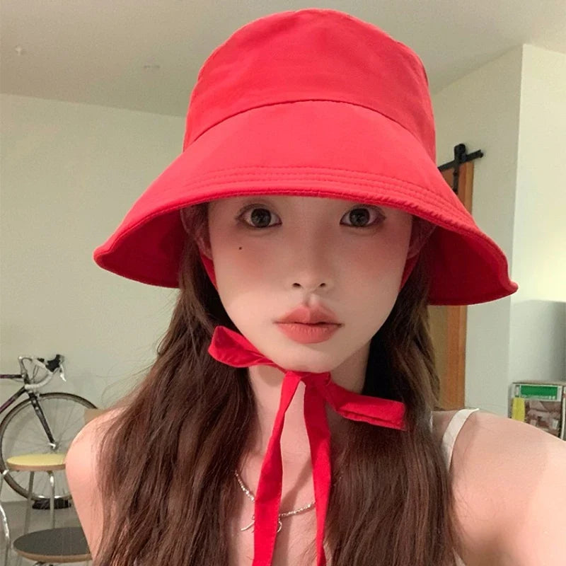 Korean Retro Red Strap Bucket Hats Summer Travel Versatile Sunscreen Show Face Small Sweet Beautiful Women's Caps