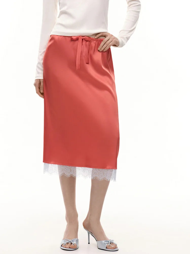 Fashion Satin Lace Patchwork Drawstring Short Skirt Feminine Elegant Slim Fit Midi Skirt Female Summer Streetwear