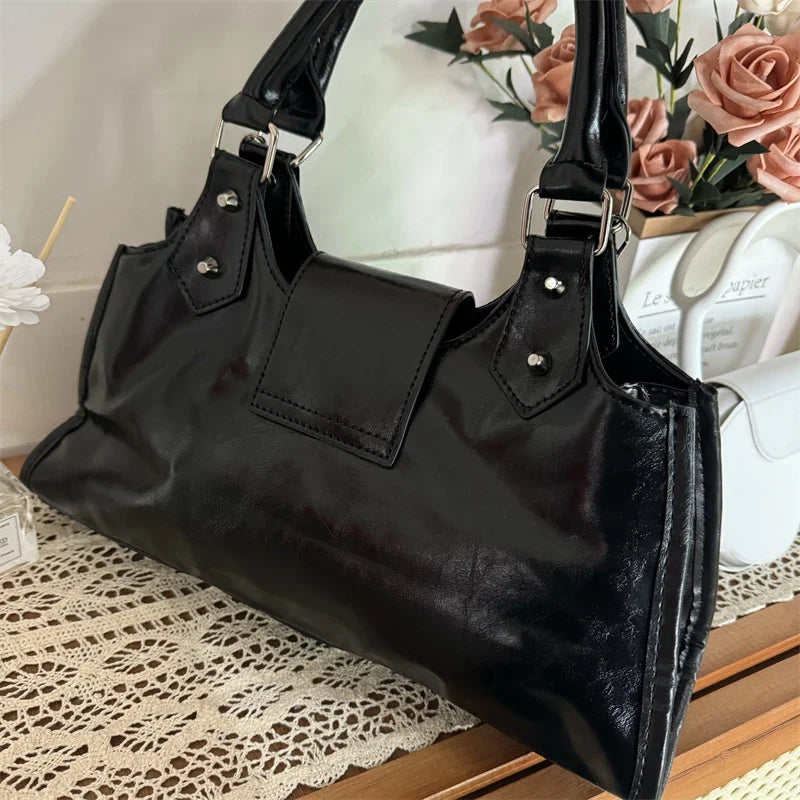 Black Large Capacity Shoulder Bag Y2K Style Crossbody Bag pu Leather Casual Fashion Star Chain Punk Bag