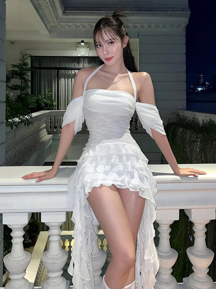 Sweet Tassel Dress Women One Shoulder Multi-Layered Ruffles Skinny Lace-Up Backless Summer Trend Skinny Mini Bodycon