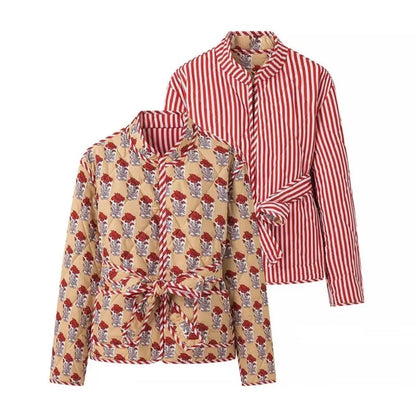 Autumn Winter Totem Flower Striped Print Tie Bow Sashes Quilted Reversible Coat Women Quilting Full Sleeve Loose Jacket