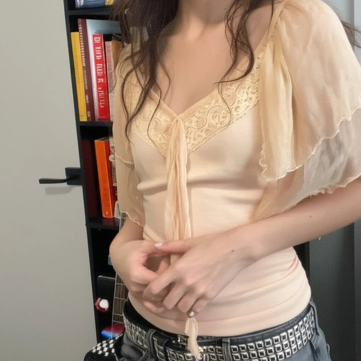 Lace Patchwork Tie-up Bow V-neck Top Summer Tiered Flying Sleeve T-shirt Coquette Aesthetic Slimming Clothing Women
