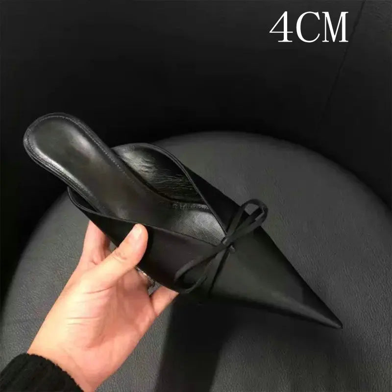 Super Hot Pointy Bow V-Top Skinny Heel Bun Towing Summer Muller Shoes Fashion Leather Low Heel Pumps