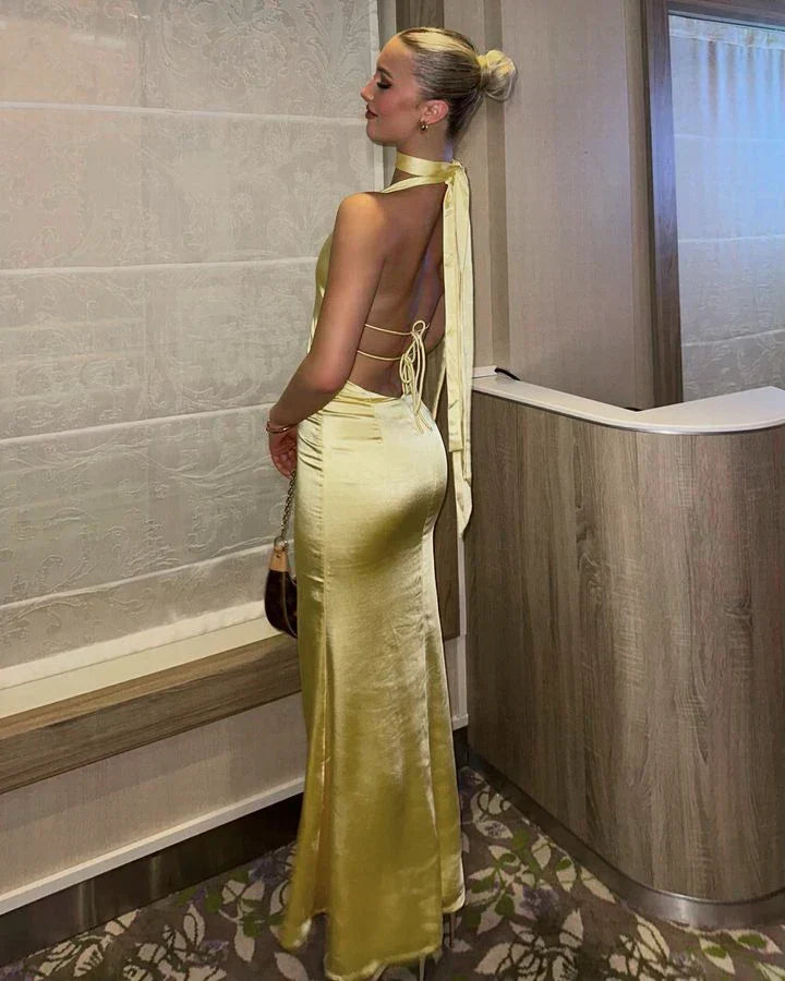Halter Choker Deep V Neck Satin Column Maxi Gown