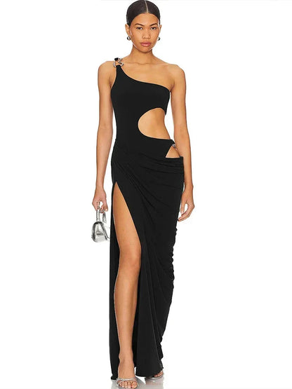 One Shoulder Waist Cutout Ring Hardware High Slit Maxi Dress