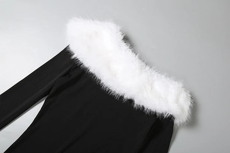 Puss Elegant Banquet Dress Women Furry Patchwork Diagonal Collar Classic Trend Split Hem Full Sleeve Party Club Vestidos
