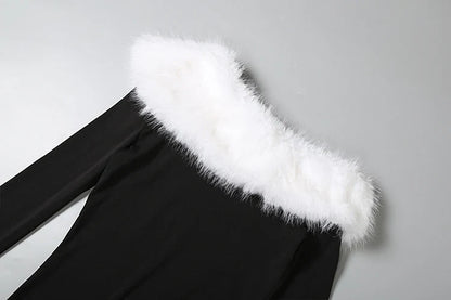 Puss Elegant Banquet Dress Women Furry Patchwork Diagonal Collar Classic Trend Split Hem Full Sleeve Party Club Vestidos