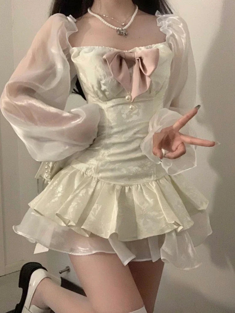 Medieval Floral Print Retro Satin Mini Dress for Women Off Shoulder Long Sleeve Birthday Dress with Bow Fairycore Cute