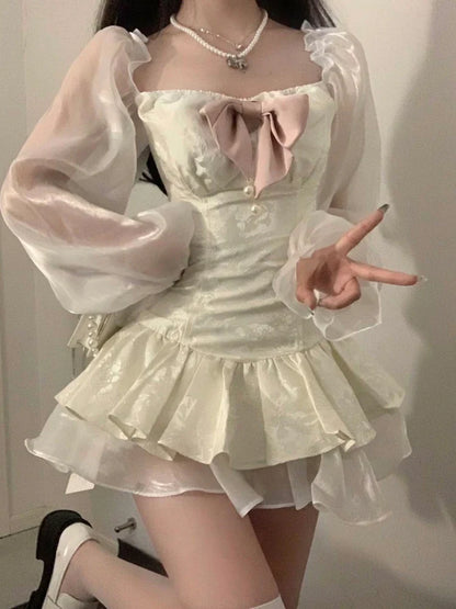 Medieval Floral Print Retro Satin Mini Dress for Women Off Shoulder Long Sleeve Birthday Dress with Bow Fairycore Cute