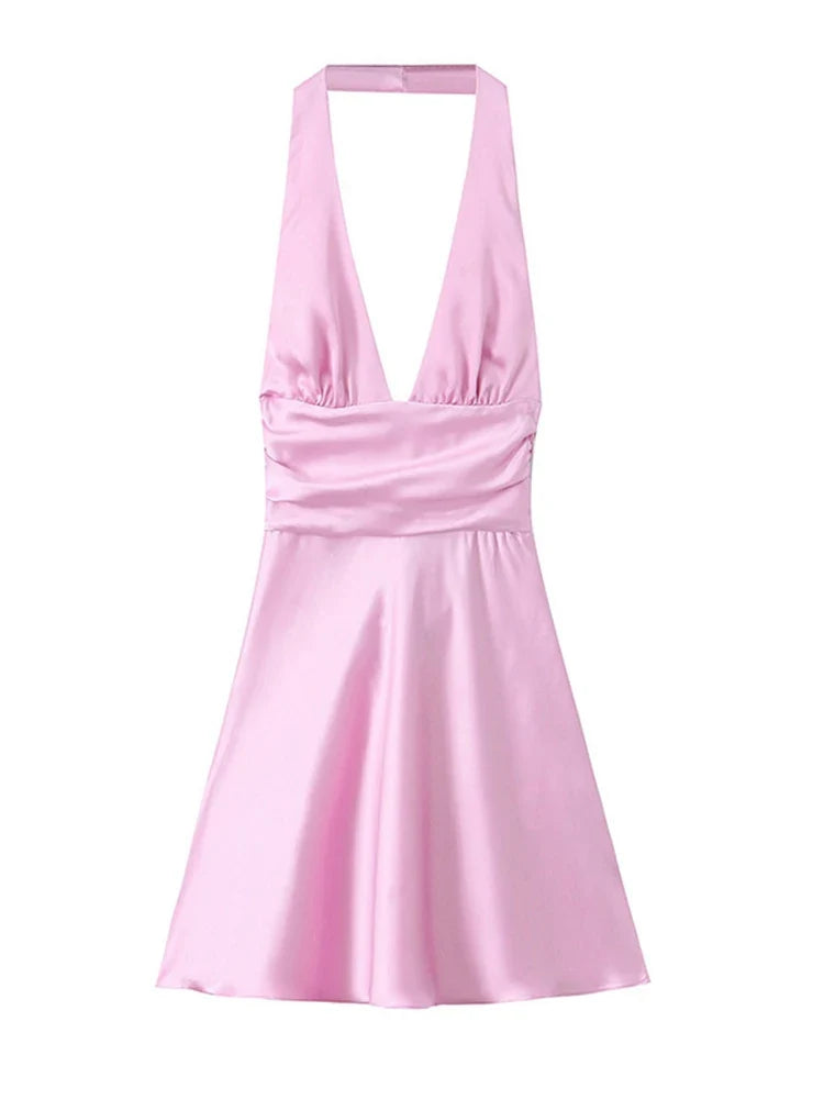 Satin Halter Hollow Out Mini Dress Women Backless Sleeveless Slim Pink Party Dresses 2024 Summer Elegant A-line Pleated Vestidos