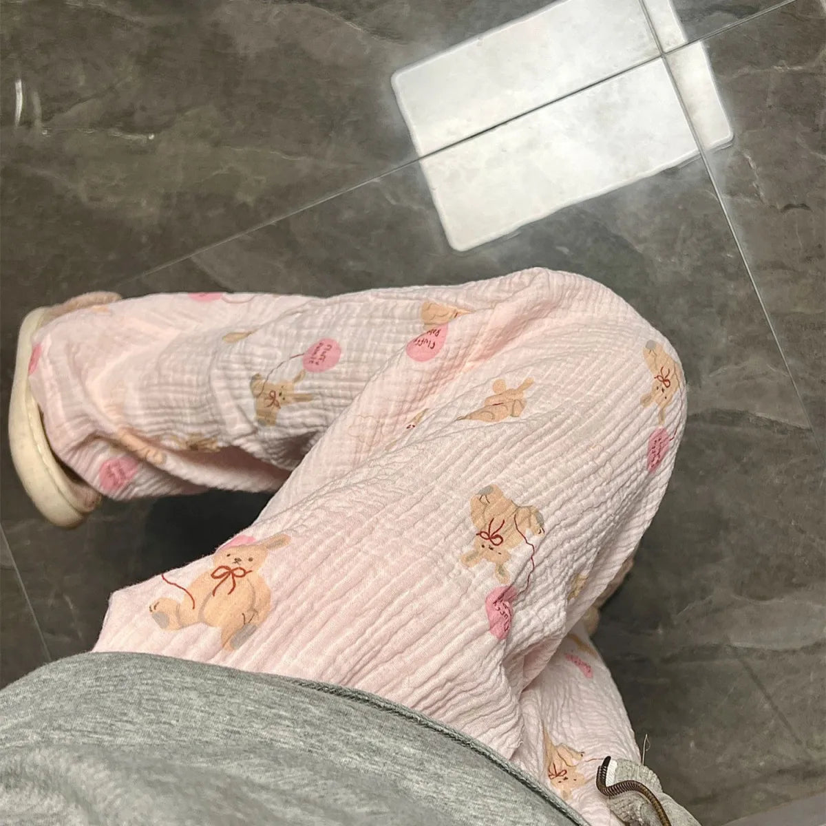 Pink Rabbit Crepe Cloth Gauze Sleeping Pants for Women Autumn/Winter Cute Home Sleeping Bottoms Loose Comfortable Pajama Pants