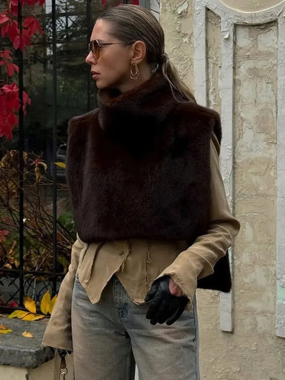 Cool Winter Women Artificial Fur Vest Turtleneck Sleeveless Pullover Female Mink Fur Jacket Instagram-Style Lady Eco Fur Outwear