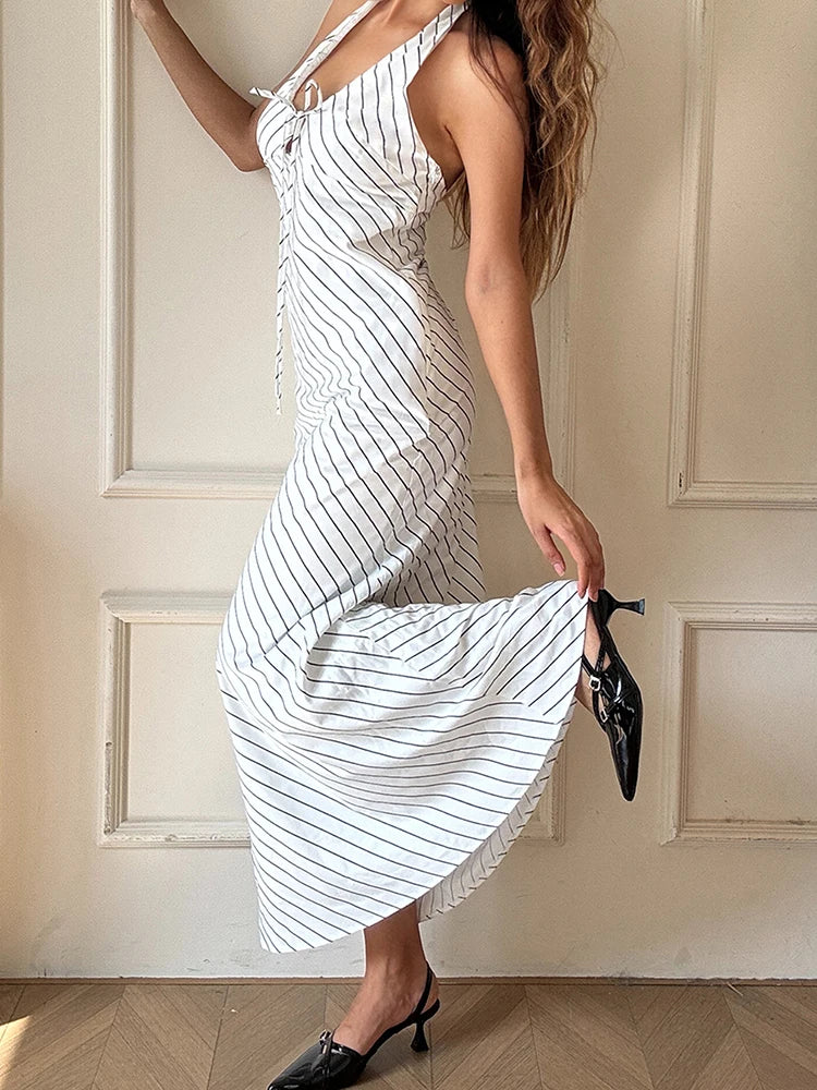 Strip V-neck Lace Up Backless Long Dress Summer Elegant Sleeveless High Waist Slim A-line Dress Beach Vacation Dress