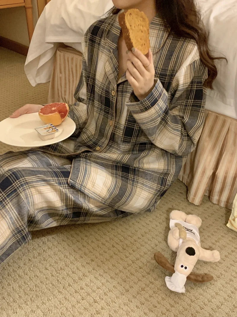 New Women's Pajama Set Fall/Winter Style Long Sleeve Long Pants Gray Plaid Shirt Loungewear Set Can Be Worn Out
