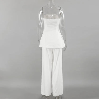 White Simple Wide Leg Pants Sets Women Summer New Off Shoulder Sleeveless Tube Tops Streetwear Fashion Casual Pants 2 Piece Set