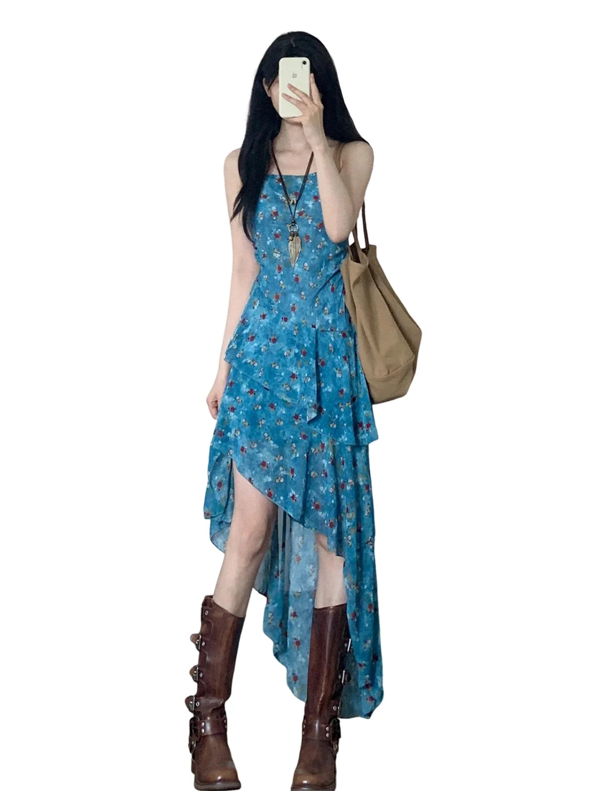Summer Vacation Floral Print Off-Shoulder A-Line Dress Women's Irregular Hemline Slimming Long Dress Korean Style Casual Wear