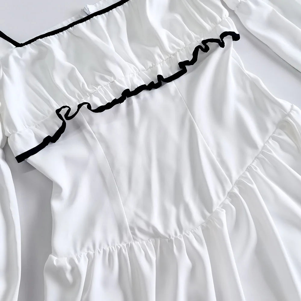 White Elegant A-line Mini Dress Women 2025 New Spring Square Collar Long Sleeve Vestidos High Waist Casual Fashion Short Dresses