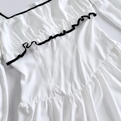 White Elegant A-line Mini Dress Women 2025 New Spring Square Collar Long Sleeve Vestidos High Waist Casual Fashion Short Dresses